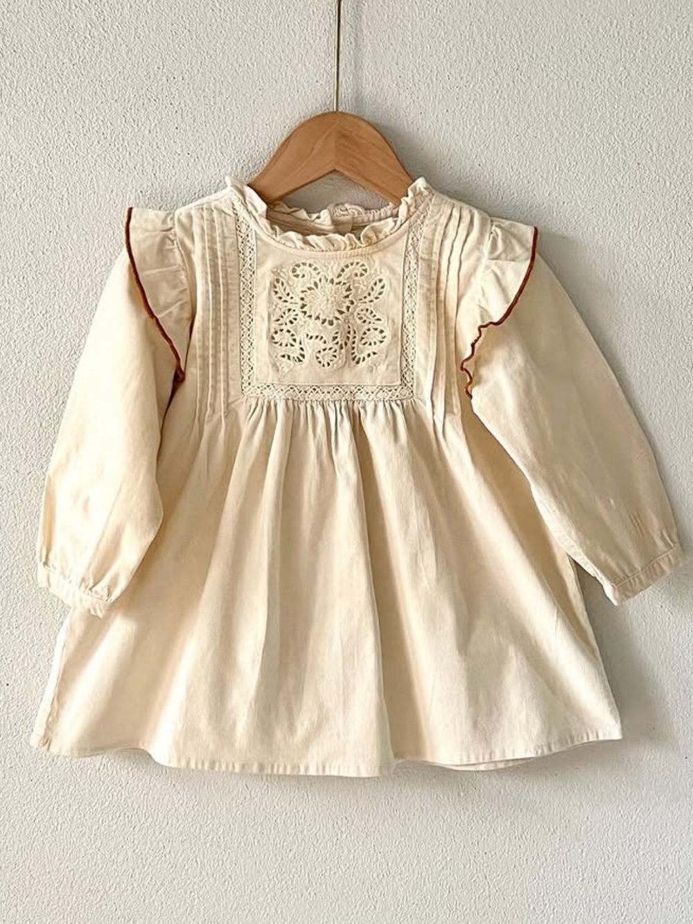 Zara Cream corduroy Baby Dress with Lace Yoke and Ruffle Trim